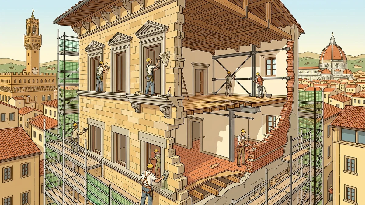Spaccato architettonico cantiere opere edili e consolidamento strutturale a Firenze