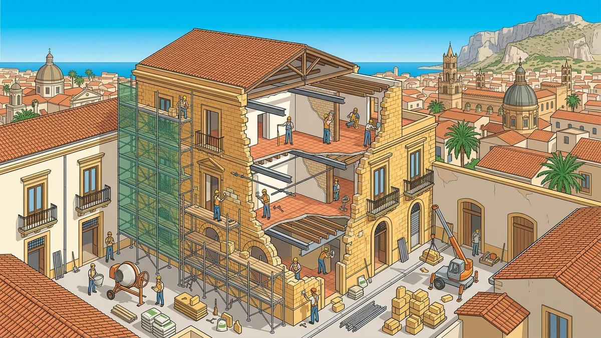 Spaccato architettonico cantiere opere edili e consolidamento strutturale a Palermo