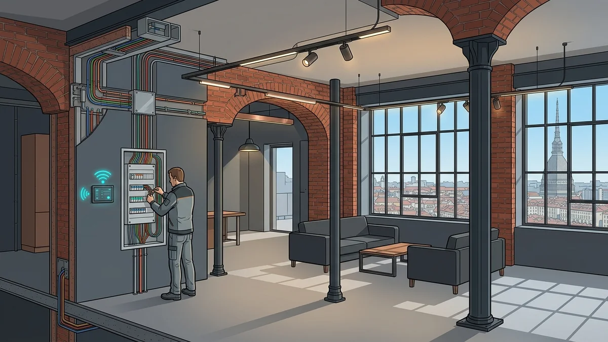 Spaccato architettonico impianti elettrici moderni centralino e domotica a Torino