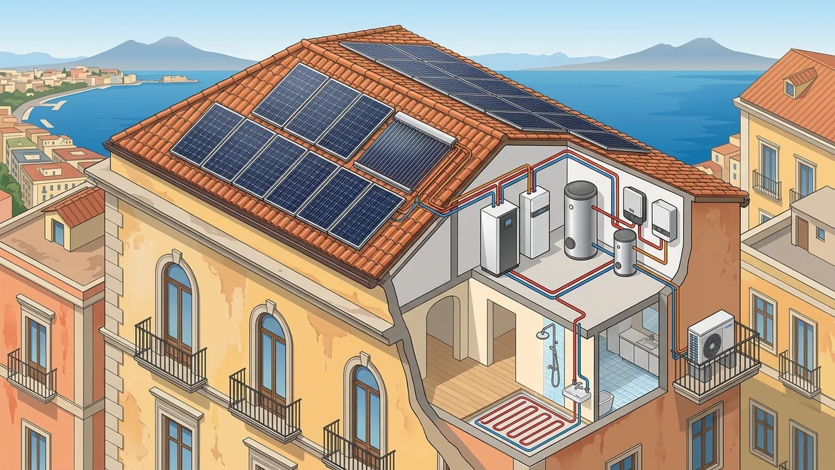 Spaccato architettonico pannelli fotovoltaici e pompa di calore idronica a Napoli