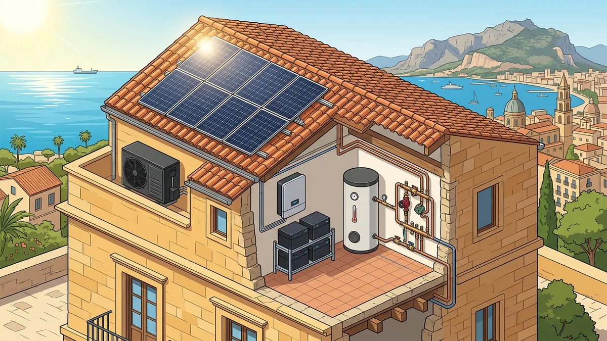 Spaccato architettonico pannelli fotovoltaici e pompa di calore idronica a Palermo