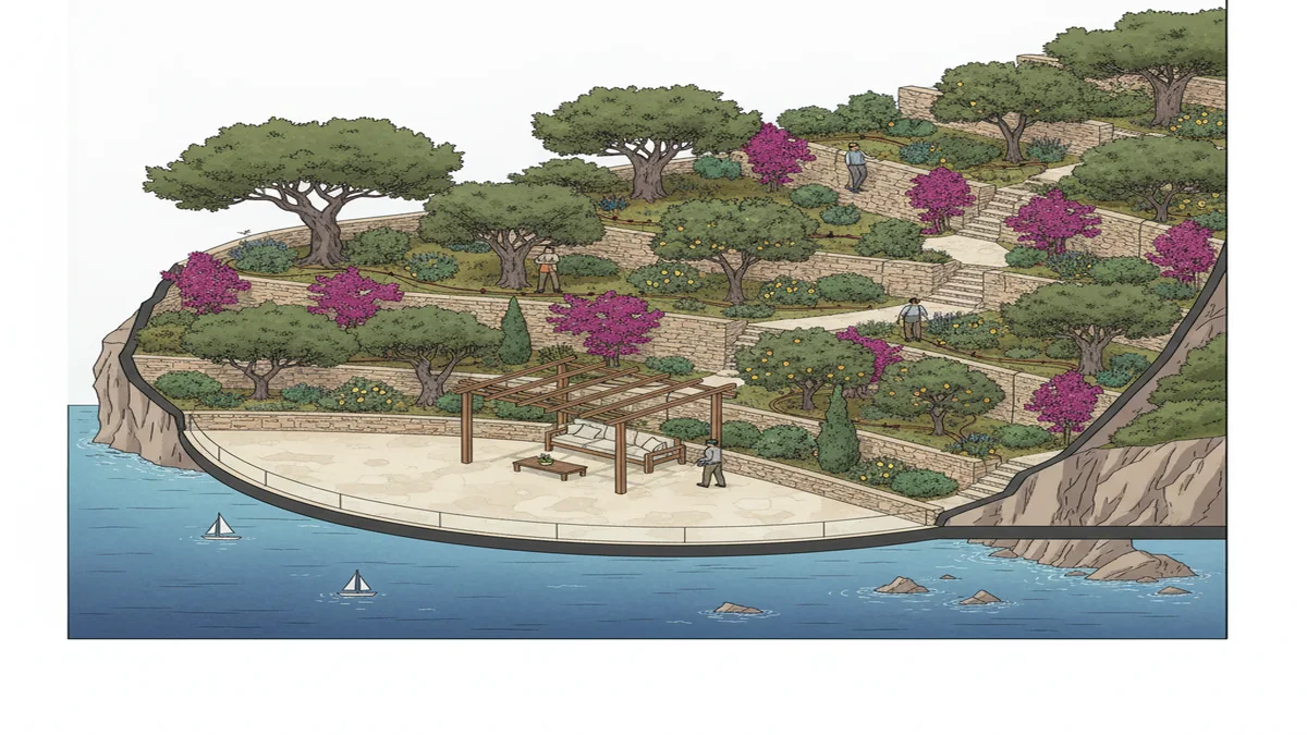 Paesaggio giardini e ville genovesi con pini domestici e terrazze fiorite a Genova