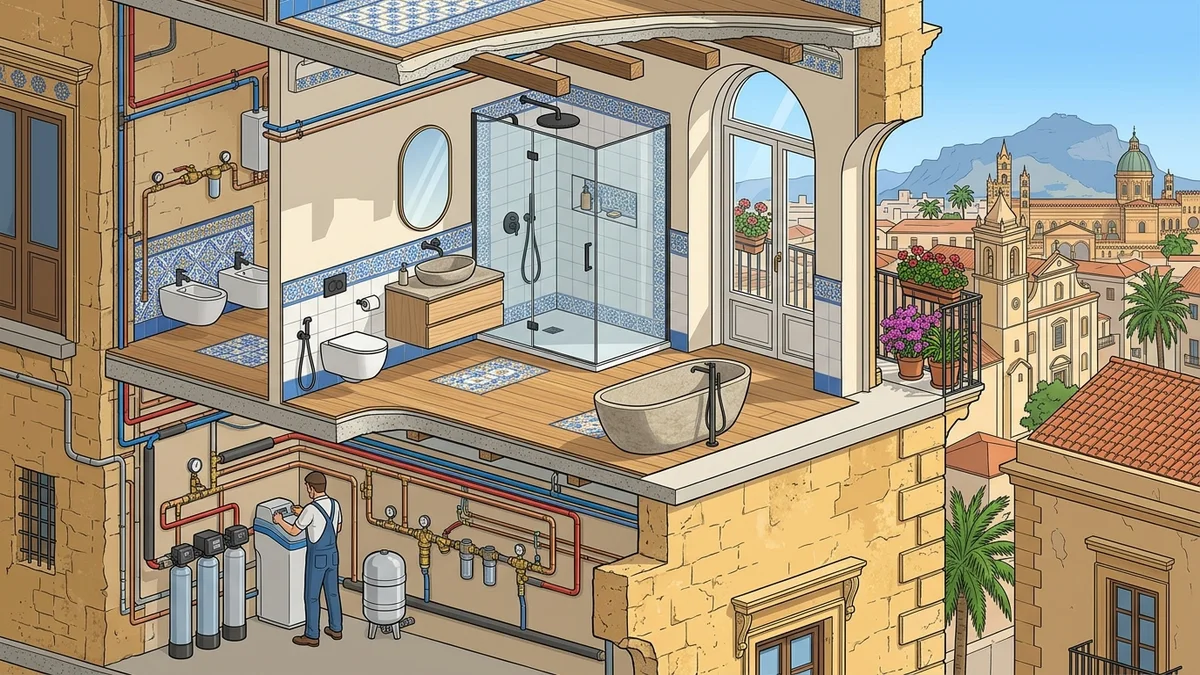 Disegno stilizzato spaccato assonometrico palazzo storico palermitano con impianti idraulici moderni
