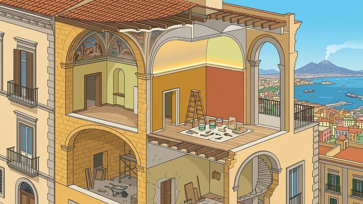 Spaccato architettonico tinteggiatura murature in tufo e opere in cartongesso a Napoli con silhouette del golfo
