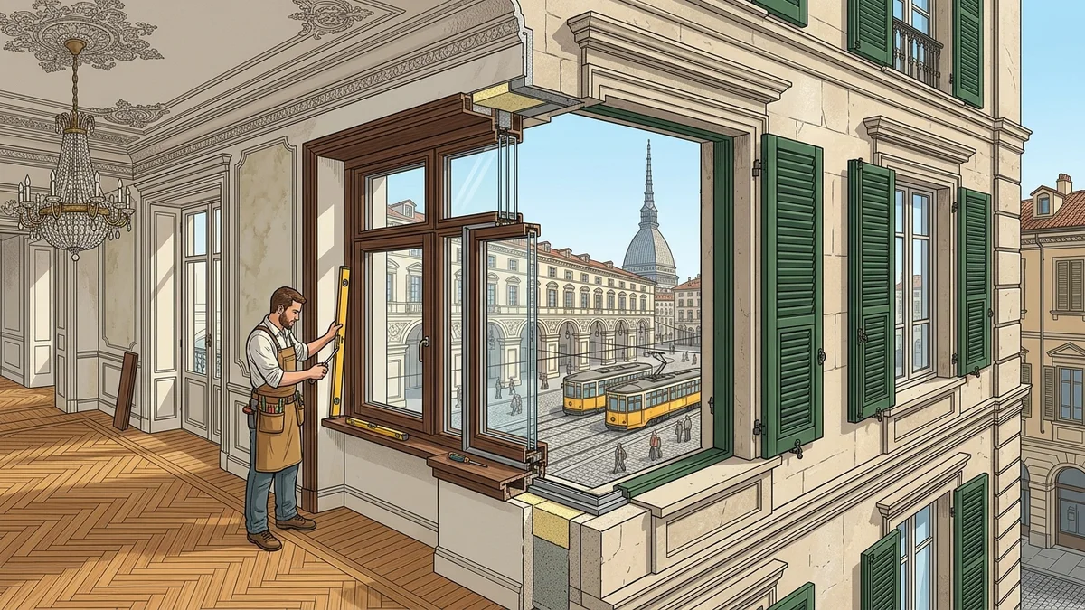 Spaccato architettonico infissi centinati e isolamento acustico serramenti a Torino