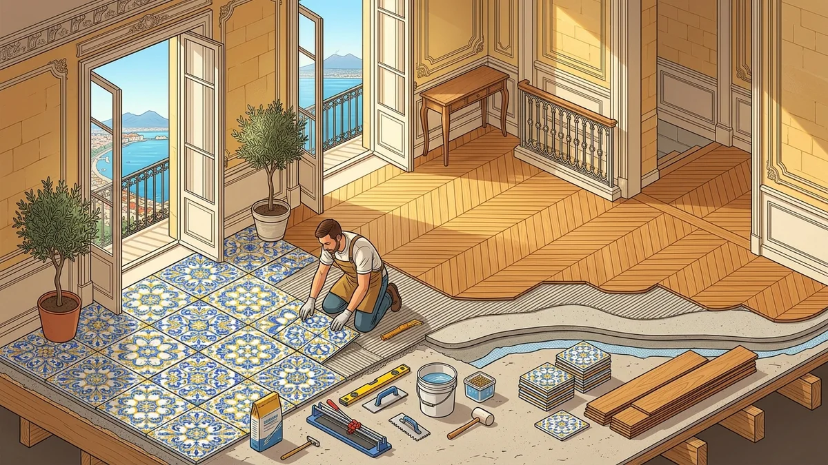 Spaccato architettonico posa pavimenti e restauro parquet d'epoca a Napoli