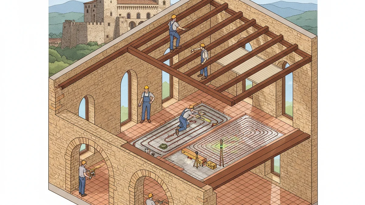 Spaccato architettonico cantiere ristrutturazione casa a Fondi con murature in tufo e travi d'epoca
