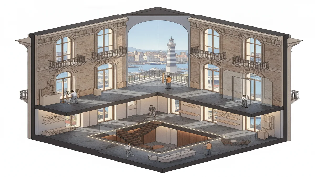 Spaccato architettonico cantiere ristrutturazione casa a Genova con murature in tufo e travi d'epoca