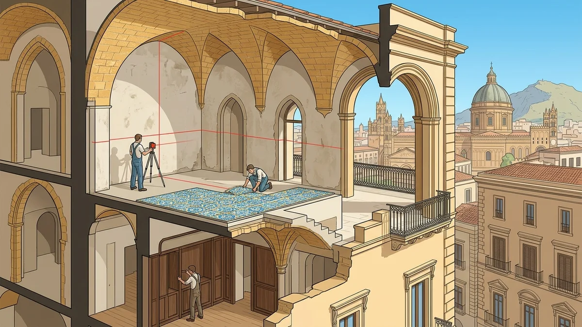 Spaccato architettonico cantiere ristrutturazione casa a Palermo con murature in pietra d'Aspra e travi d'epoca