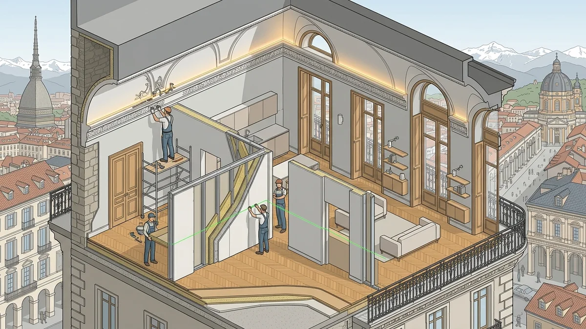 Spaccato architettonico cantiere ristrutturazione casa a Torino con murature in pietra di Luserna e travi d'epoca