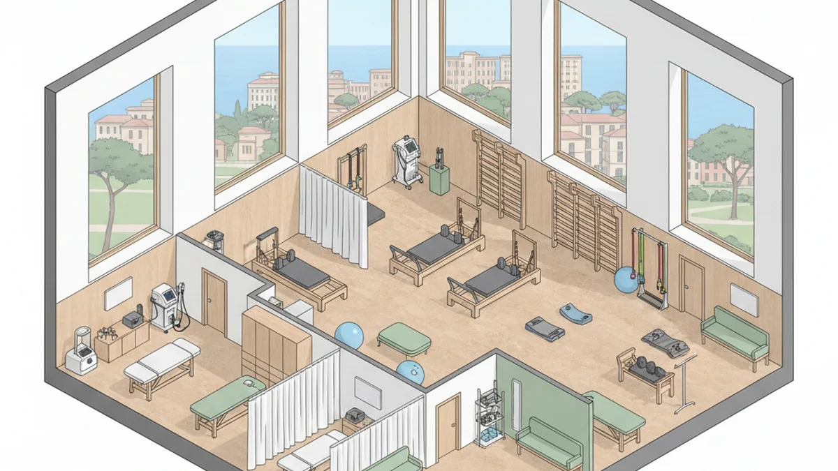 Disegno stilizzato sessione di yoga e wellness all'aperto sui prati di Latina con il Palazzo M sullo sfondo
