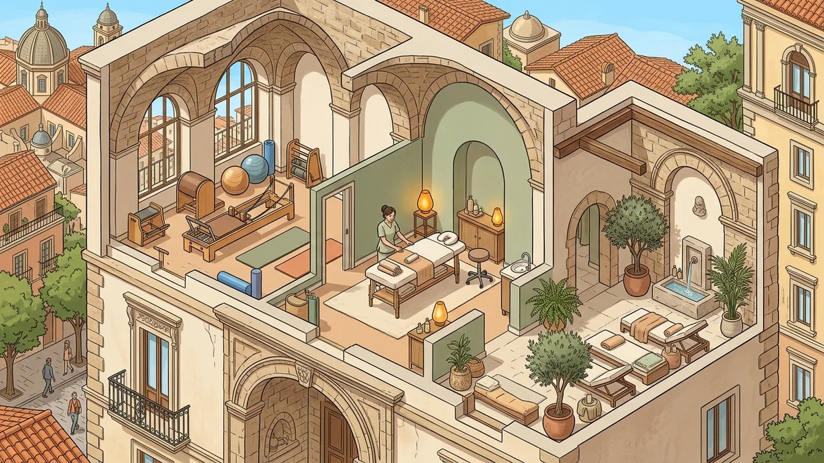 Disegno stilizzato sessione di yoga e wellness all'aperto sui prati di Napoli con il skyline della città sullo sfondo