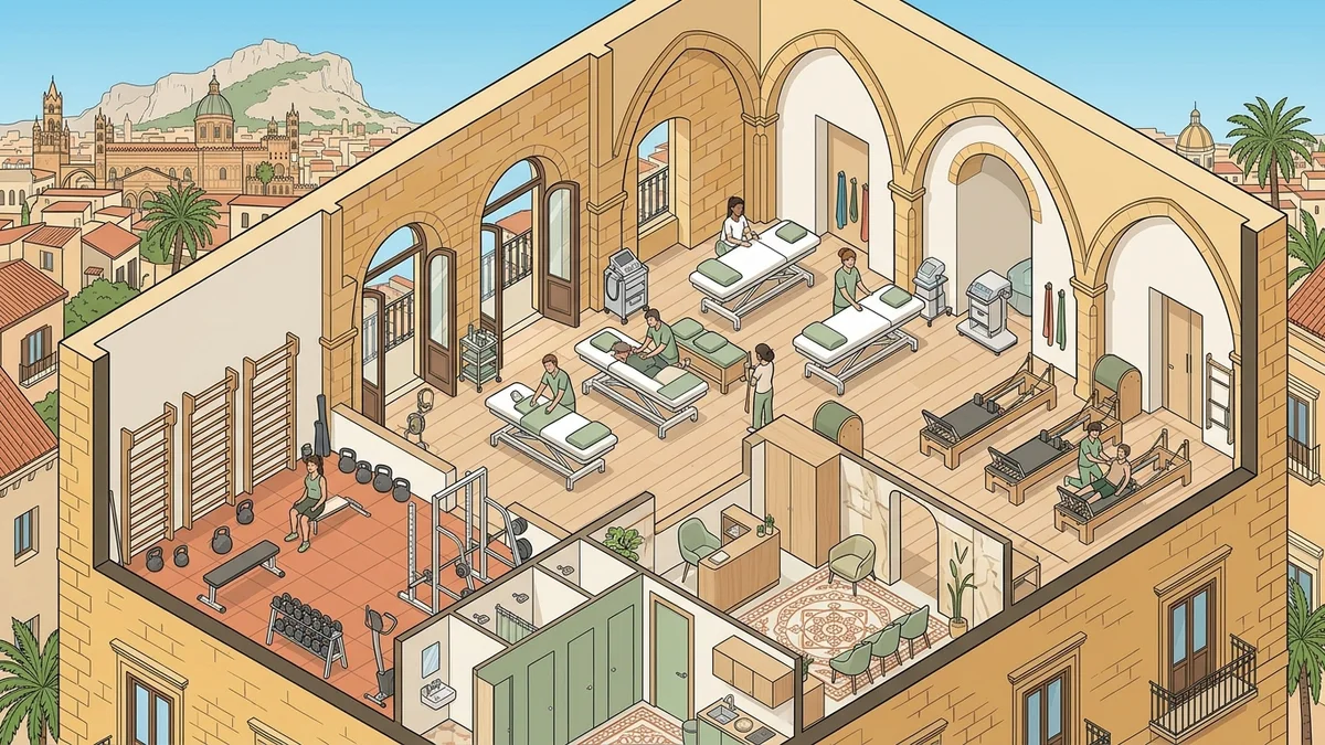 Disegno stilizzato sessione di yoga e wellness all'aperto sui prati di Palermo con il skyline della città sullo sfondo