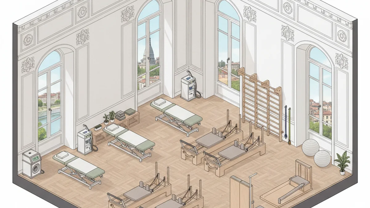 Disegno stilizzato sessione di yoga e wellness all'aperto sui prati di Torino con il skyline della città sullo sfondo