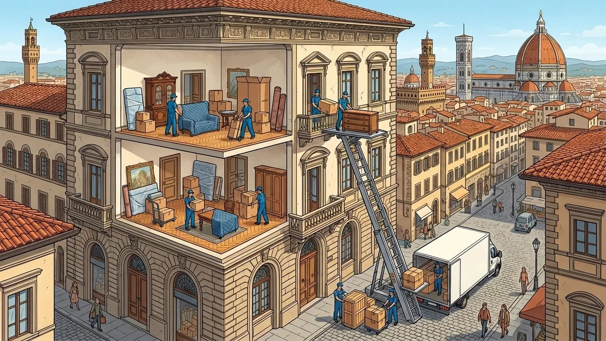 Operazioni di trasloco professionale con scala aerea e furgoni autorizzati a Firenze