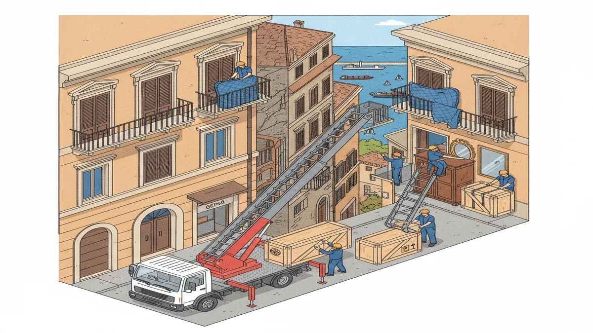 Operazioni di trasloco professionale con scala aerea e furgoni autorizzati a Genova